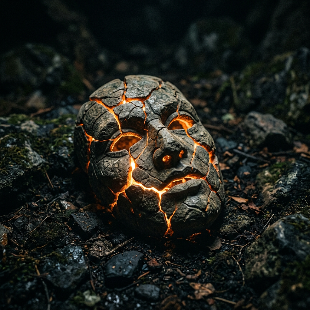 A cracked stone face mask with glowing orange light shining through fissures on dark rocky ground