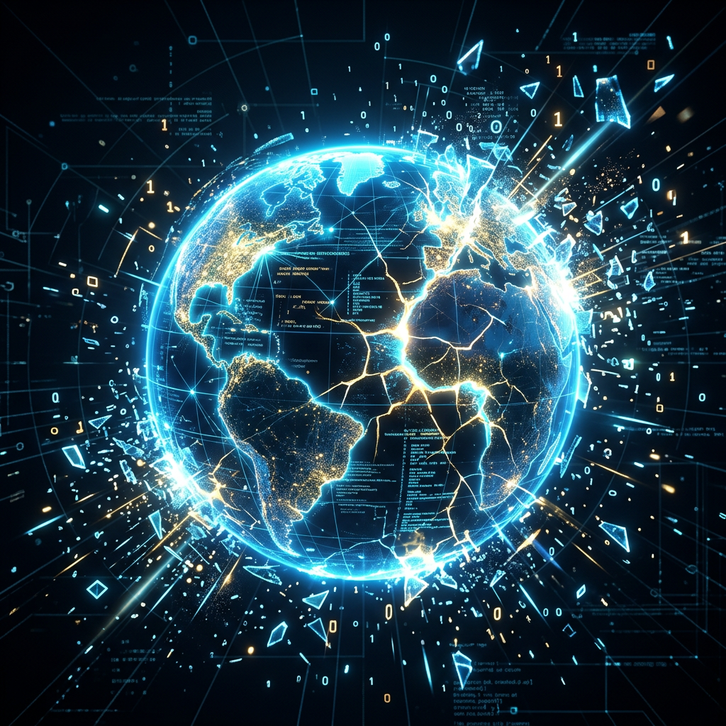 Glowing digital globe with illuminated continents and data fragments