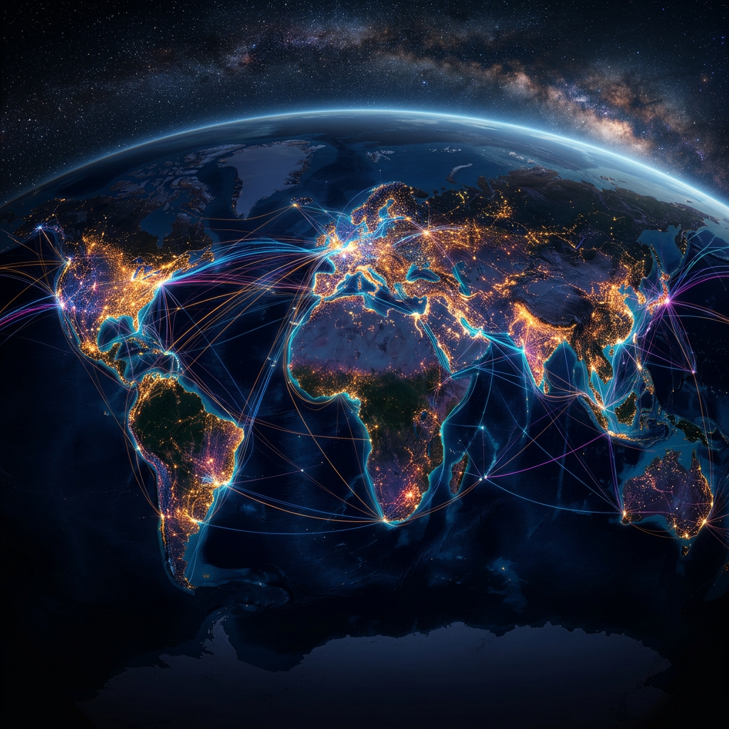 World map at night with illuminated cities and colorful lines representing global communication networks.