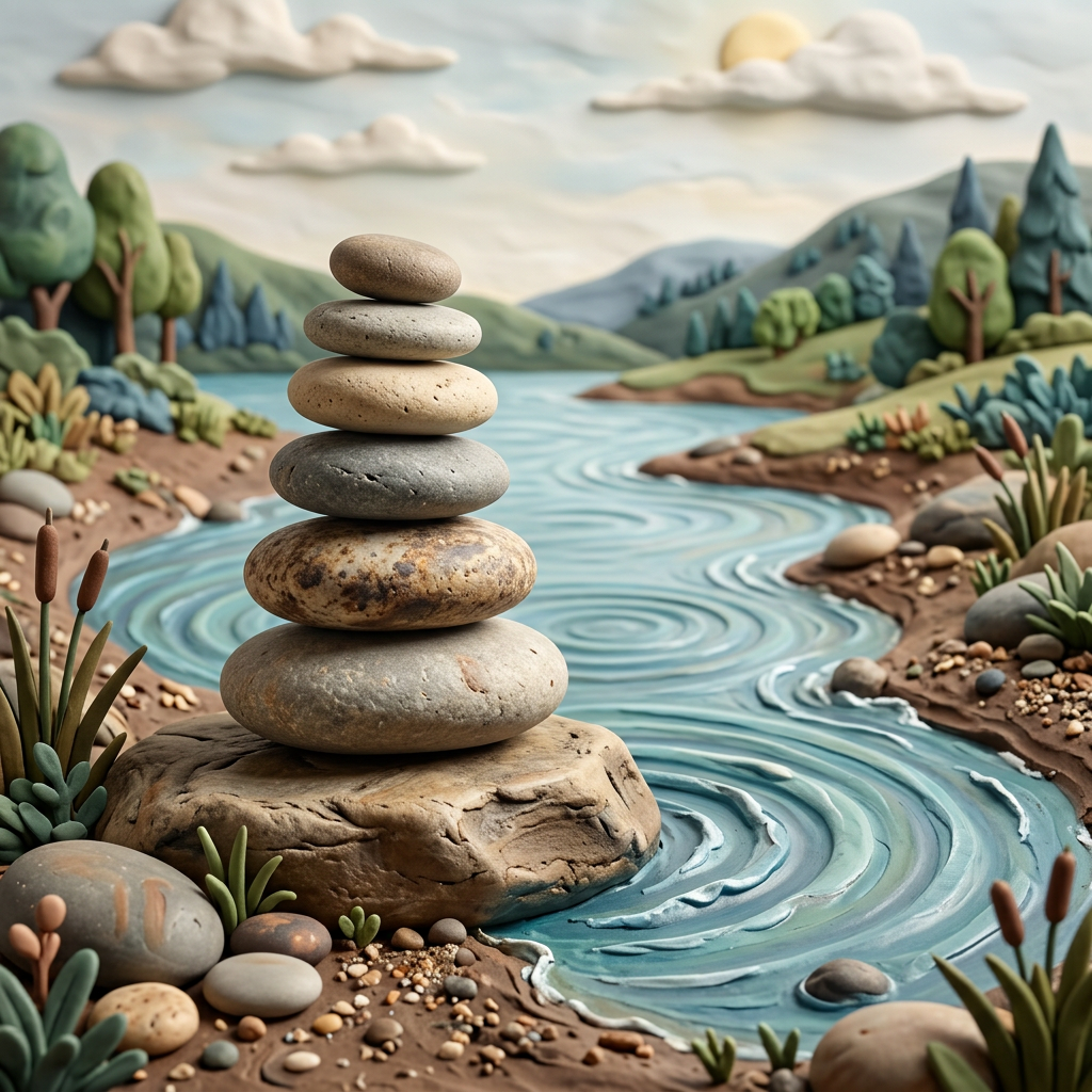 Stack of seven rounded stones balanced on a large rock by a river with green hills and trees in the background.