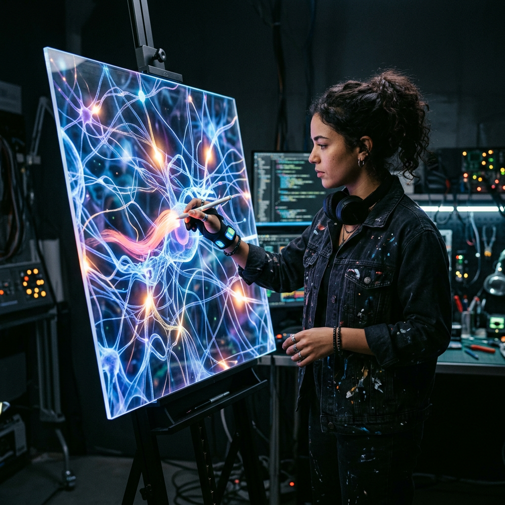 Researcher drawing on digital neural network visualization in a dark lab