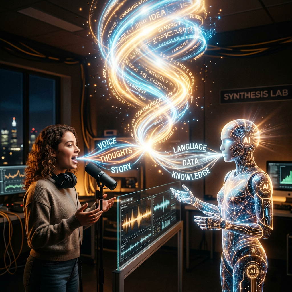 Woman speaking into microphone connecting voice and thoughts to AI robot exchanging language, data, and knowledge in a synthesis lab