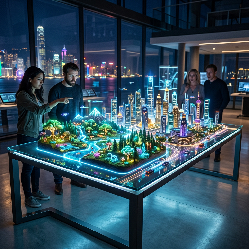 Detailed illuminated city model with forests, mountains, skyscrapers and flying vehicles on table