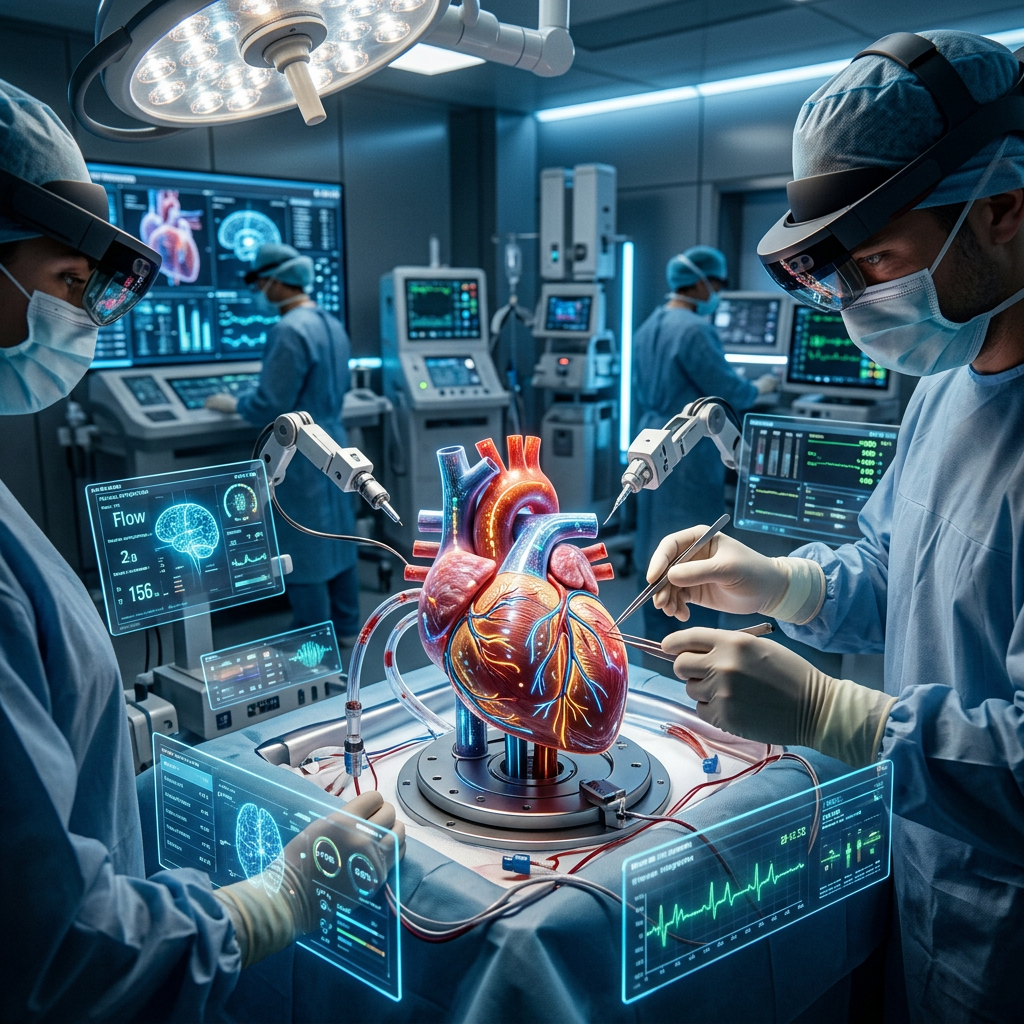 Surgeons operating on a holographic heart using augmented reality and robotic tools in a high-tech operating room