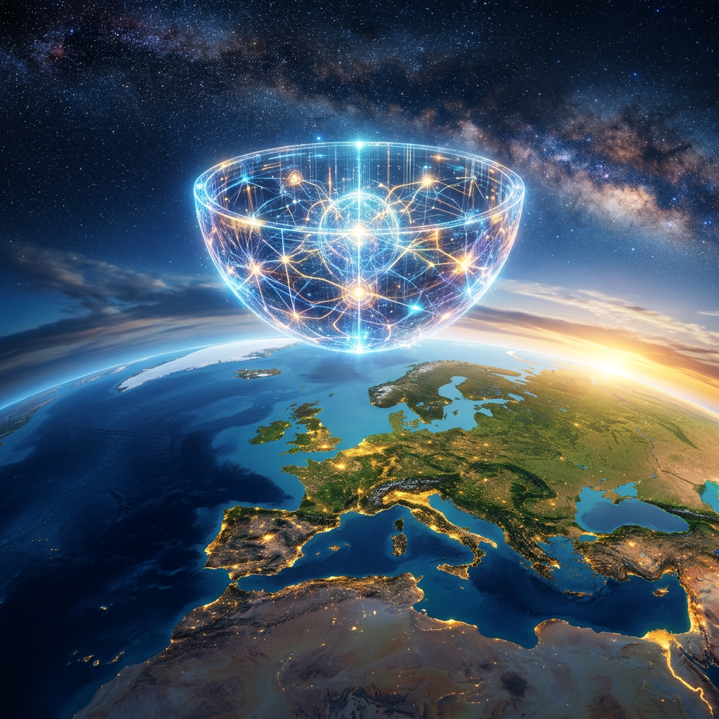Digital glowing network sphere above Earth over Europe at sunrise with stars and galaxy in background