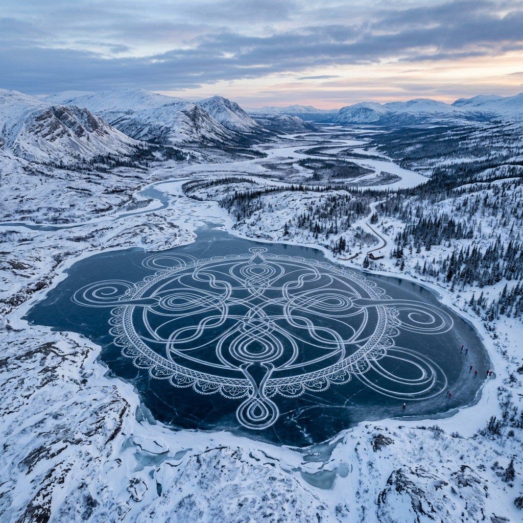 Large intricate mandala pattern etched on clear ice of a frozen lake in a snowy mountainous landscape