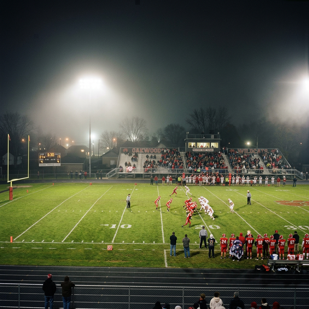 High school football players lined up at the line of scrimmage on a well-lit field with spectators in bleachers