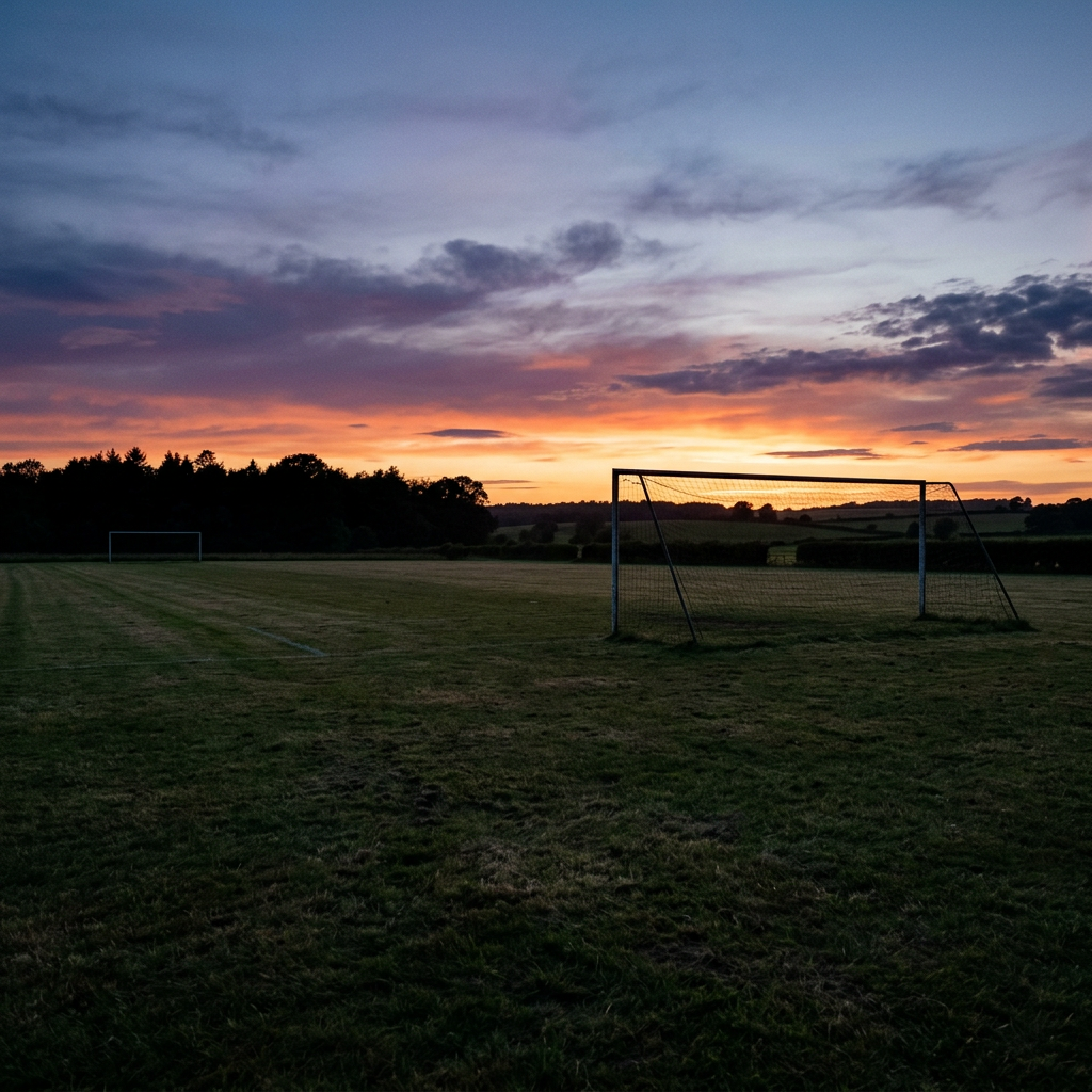 Empty soccer field with goalposts under a colorful sunset sky