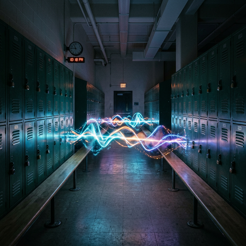Sound wave light patterns glowing in a dark school locker room with green lockers