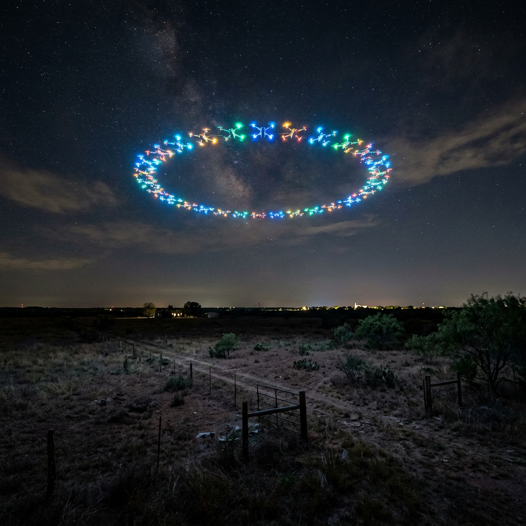 Circular formation of colorful drones flying over a field at night with stars visible