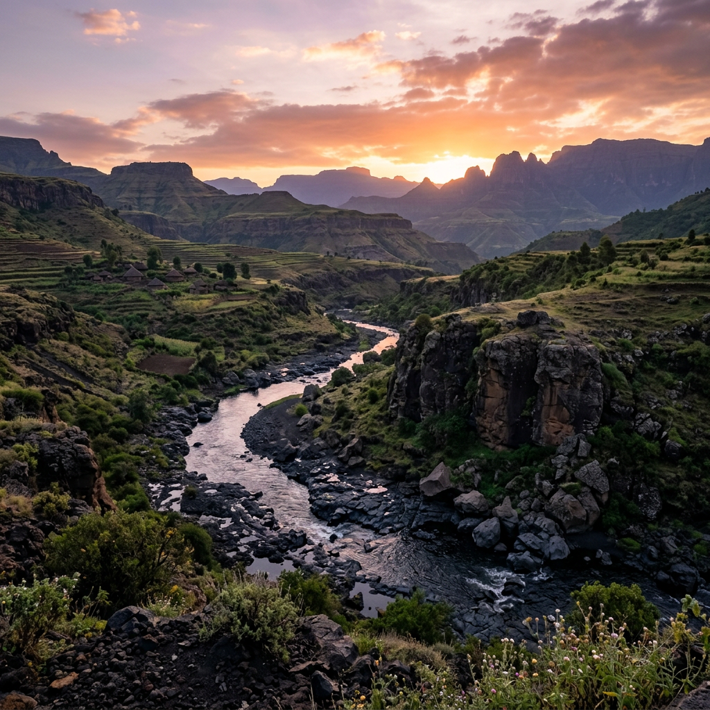 Winding river running through lush rocky valley with mountains at sunset