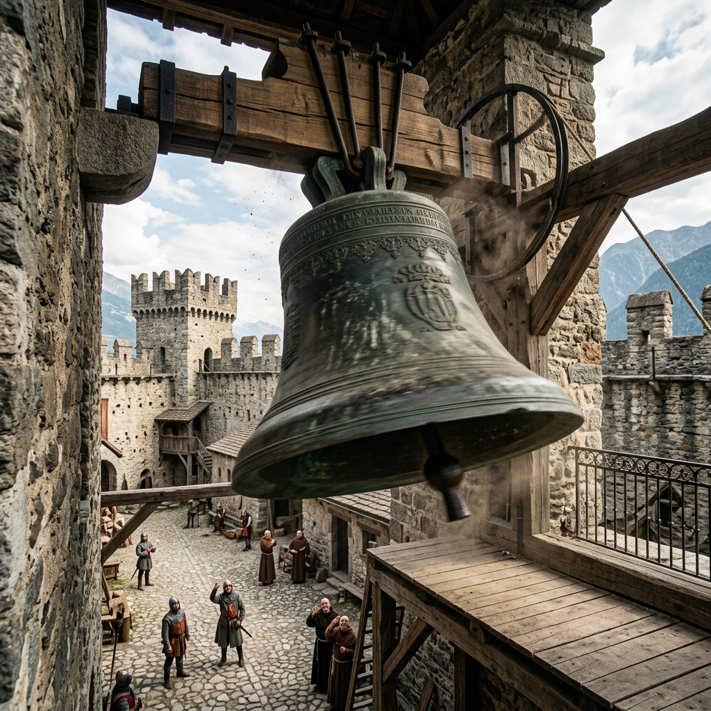 Large bronze bell ringing in castle tower with medieval figures below