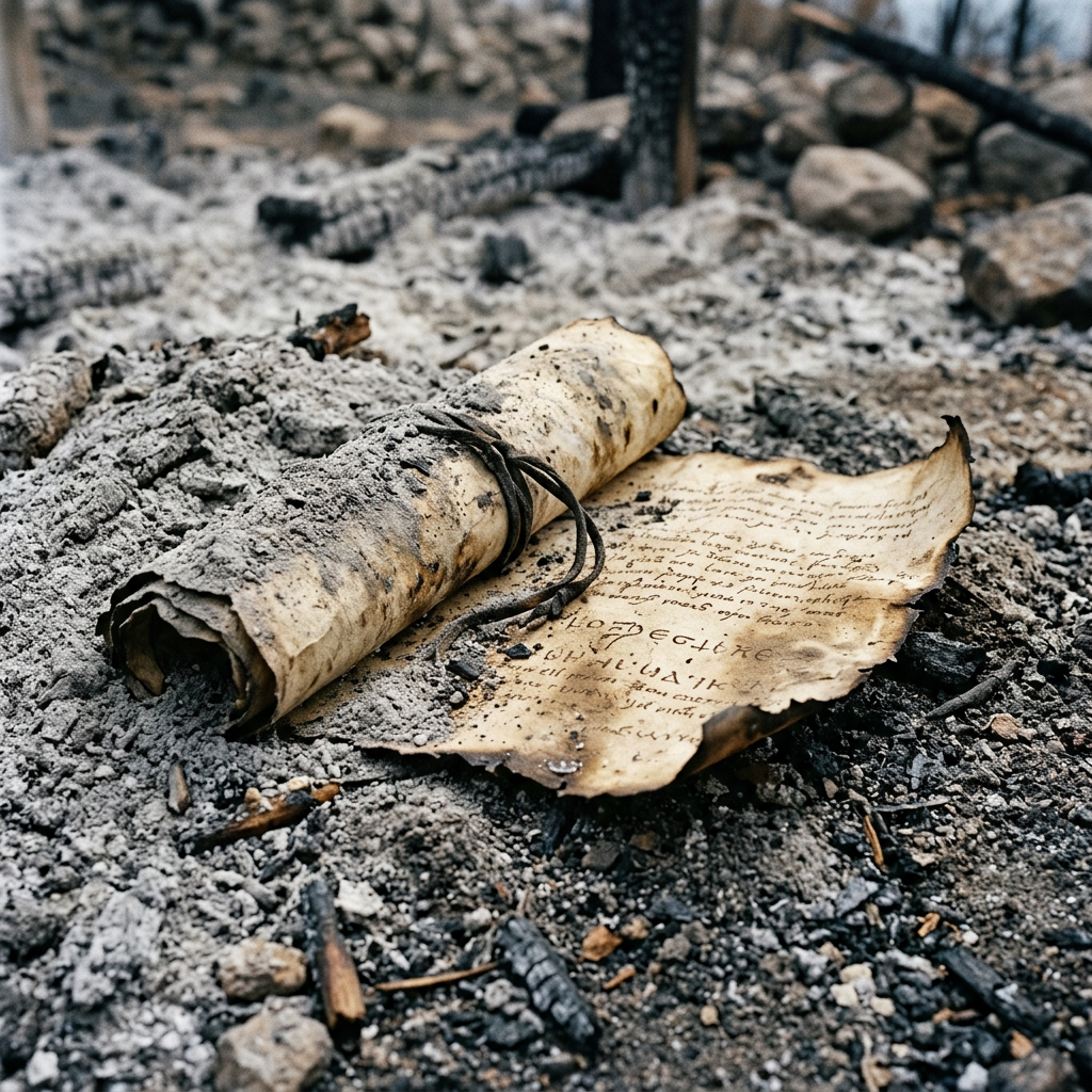 Ancient scroll partially burnt, lying on ash-covered ground with faded script