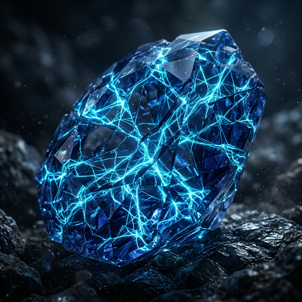 Blue crystal with bright electric-like network patterns on dark rocky surface