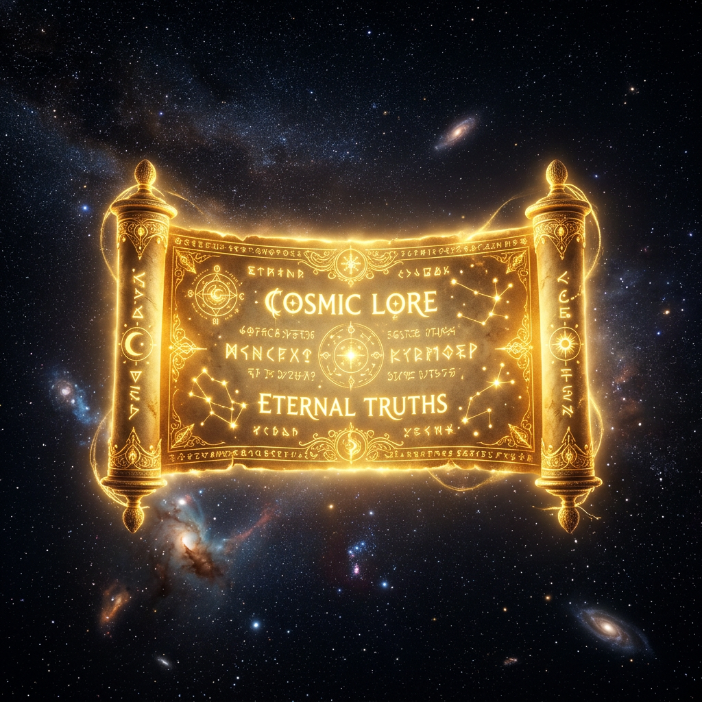 Glowing golden scroll with the text 'COSMIC LORE ETERNAL TRUTHS' floating in space surrounded by stars and galaxies