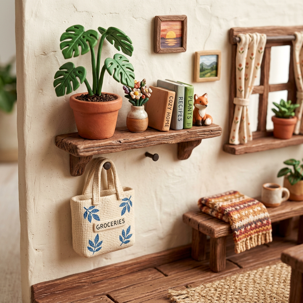 Miniature wooden shelf with potted plant, small vase with flowers, books, and a tiny fox figurine