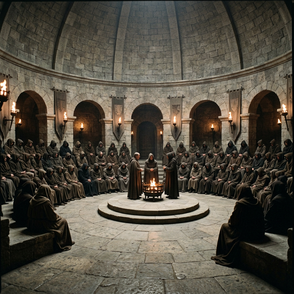 Group of monks in brown robes seated in a stone circular chamber around a fire pit