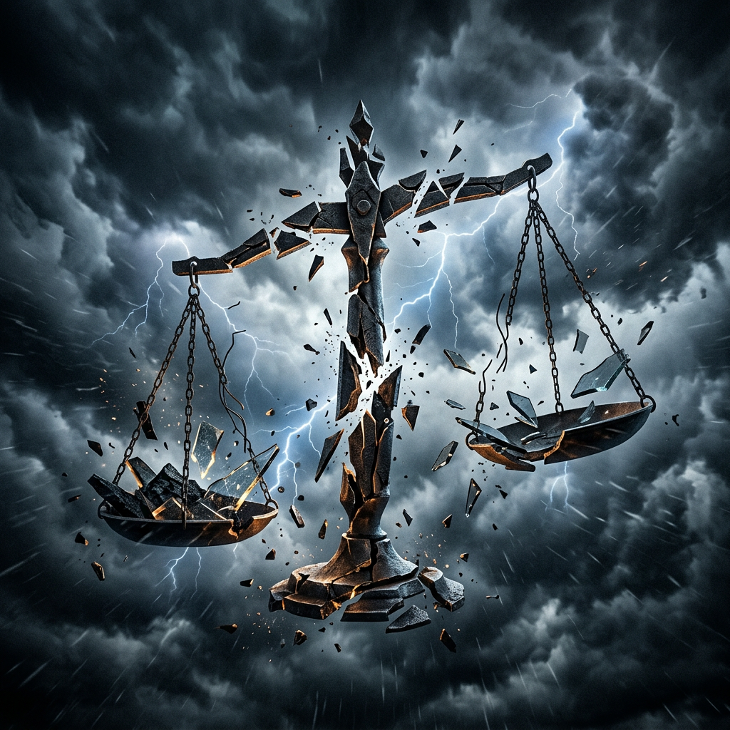 Damaged and shattered scales of justice against a stormy sky with lightning