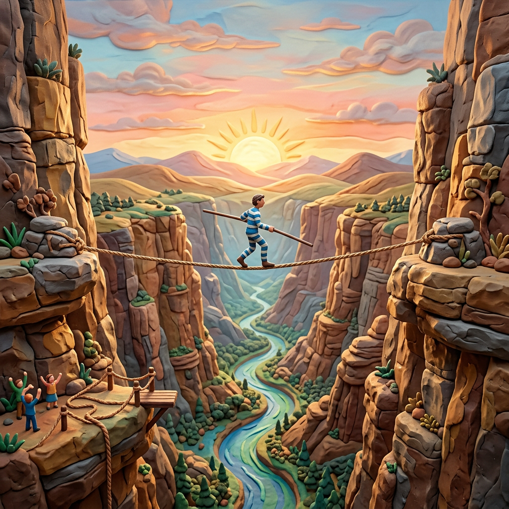 Person in striped outfit walking on a rope bridge across canyon with sun setting behind mountains