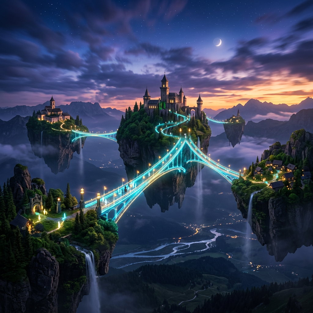 Castles on floating islands linked by illuminated bridges during twilight