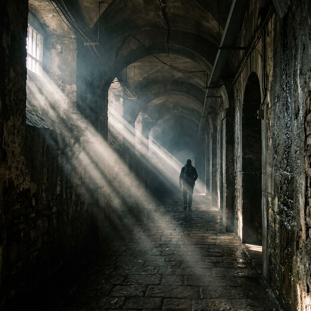 Silhouette of a person walking down an arched stone corridor with light beams
