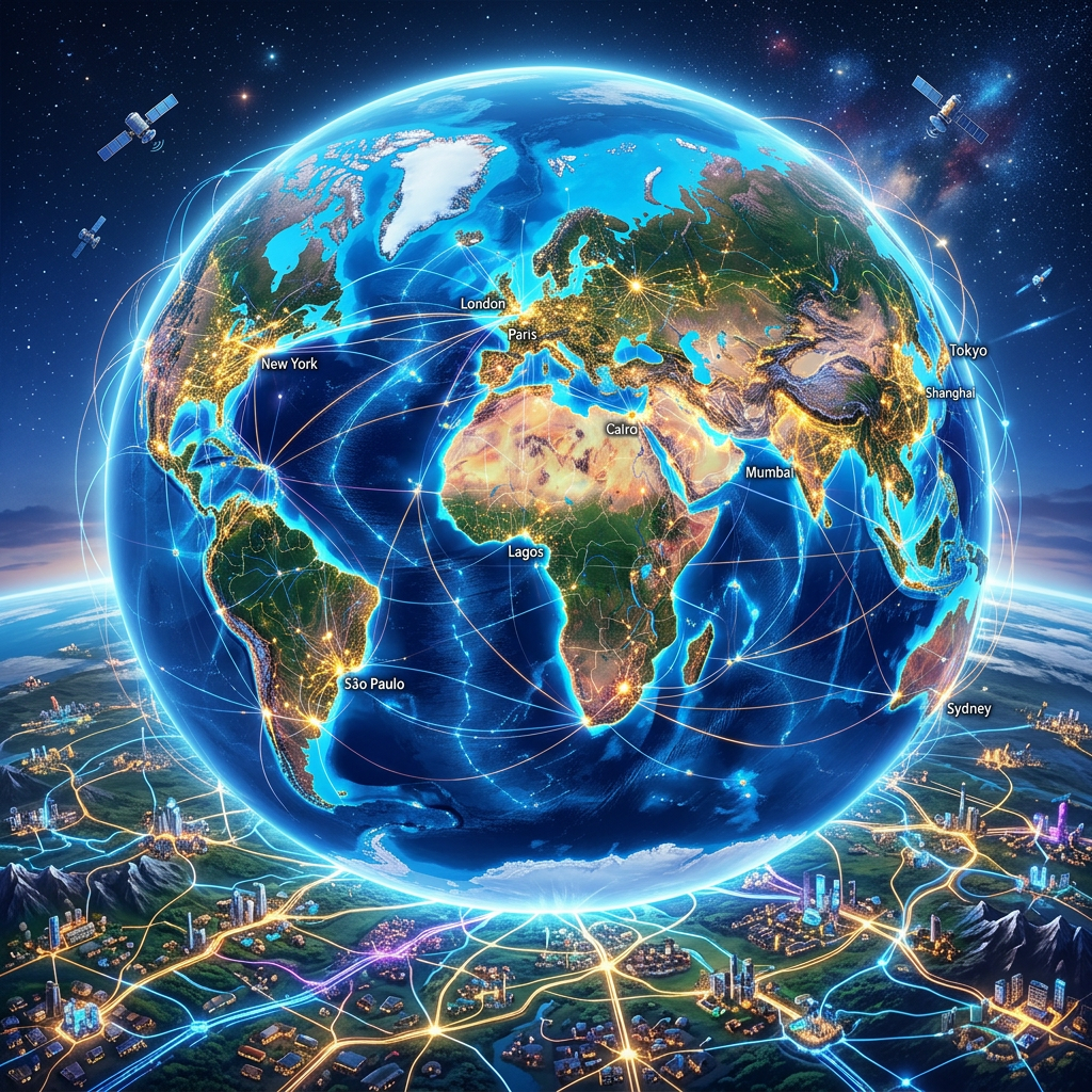 Digital map of Earth showing major cities connected by illuminated network lines and satellites in space