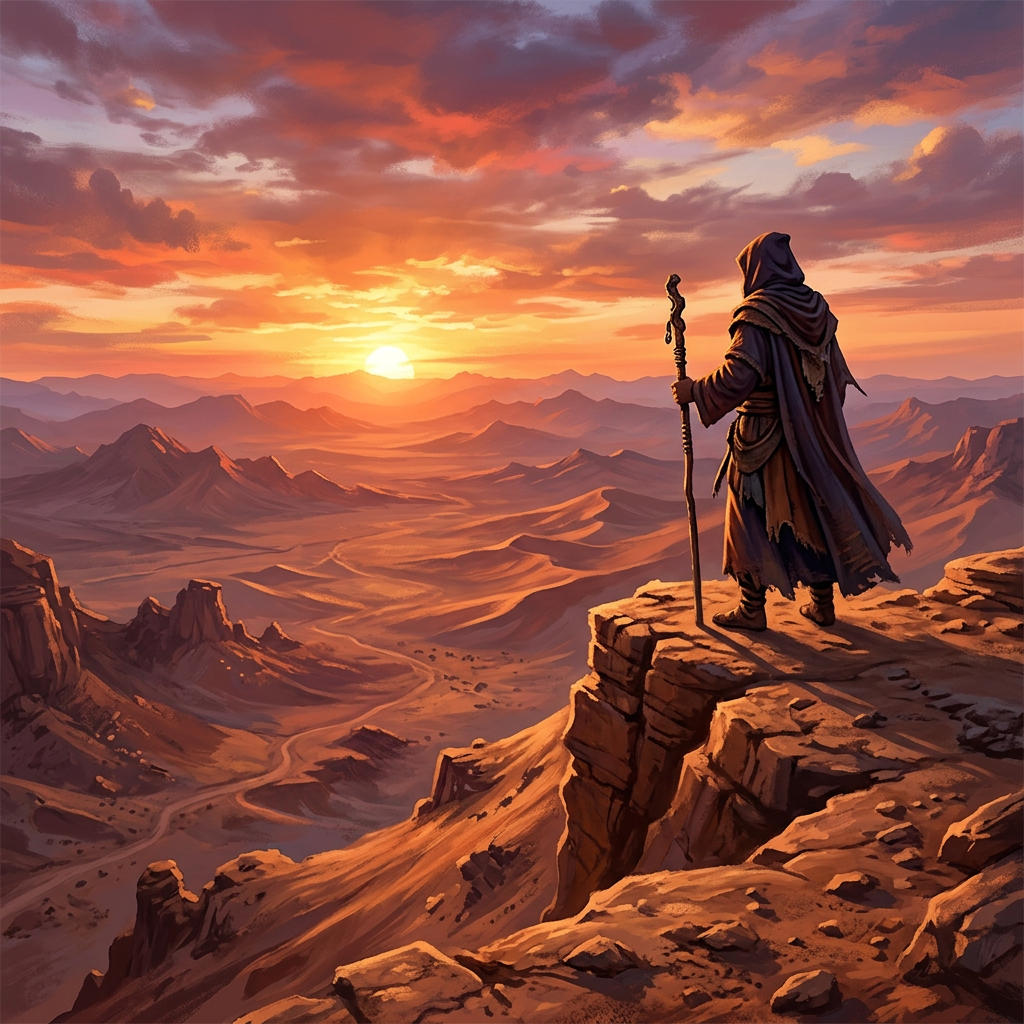 Hooded figure with staff stands on rocky cliff overlooking vast desert at sunset