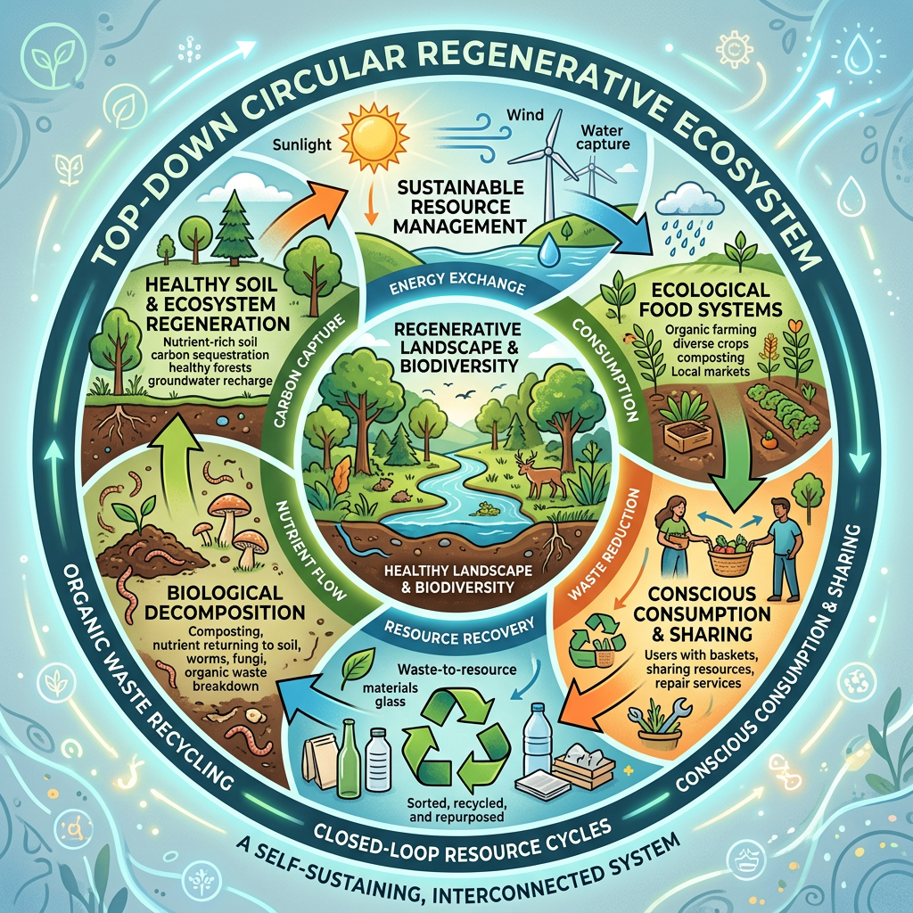 Diagram showing a regenerative ecosystem with sections on soil health, resource management, food systems, consumption, waste recycling, and biodiversity.