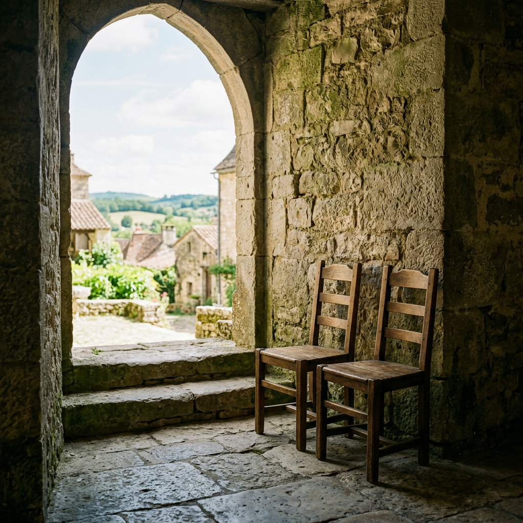 Two wooden chairs under a stone archway with a view of a village and green hills outside