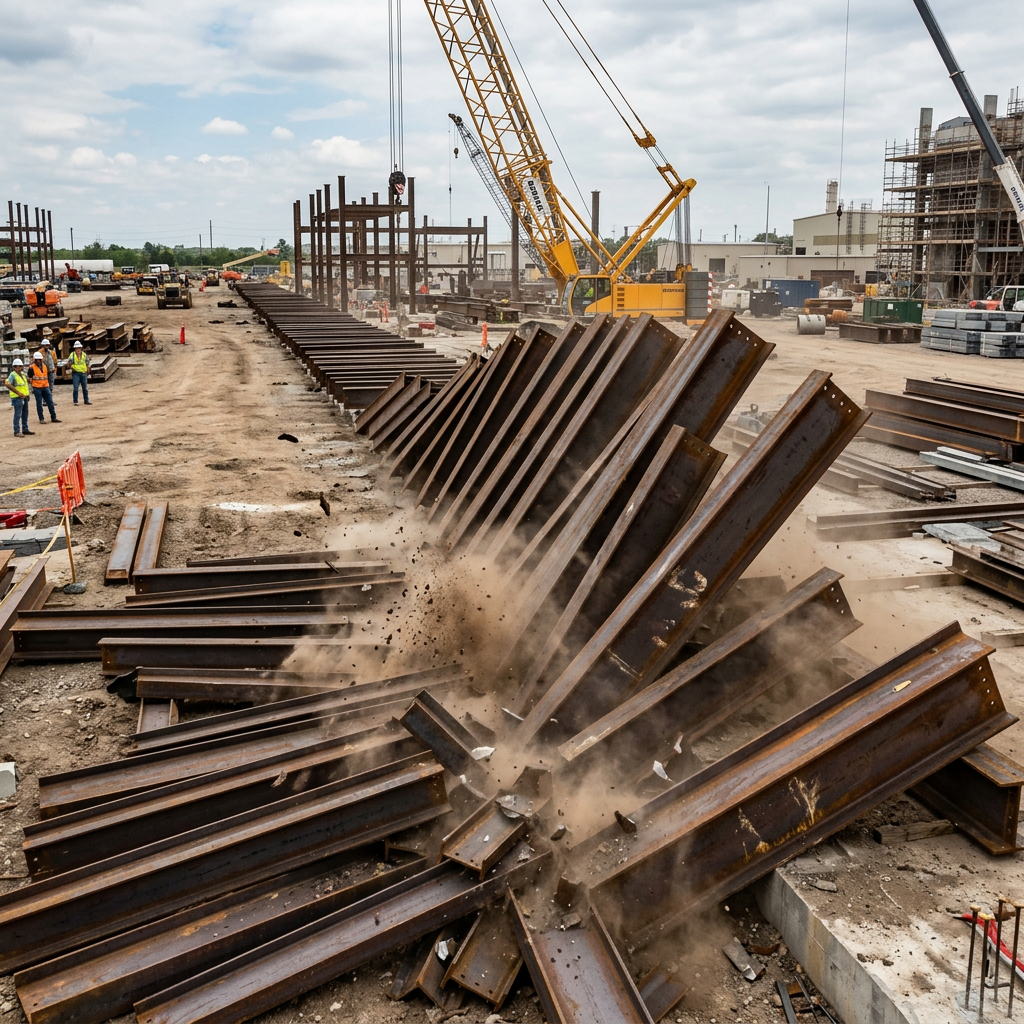 Steel beams collapsing during a controlled demolition test at construction site