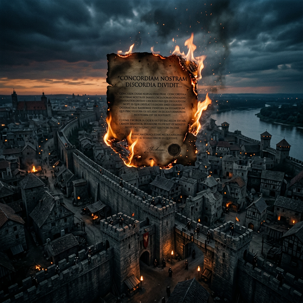 Burning parchment with Latin text above a medieval walled city