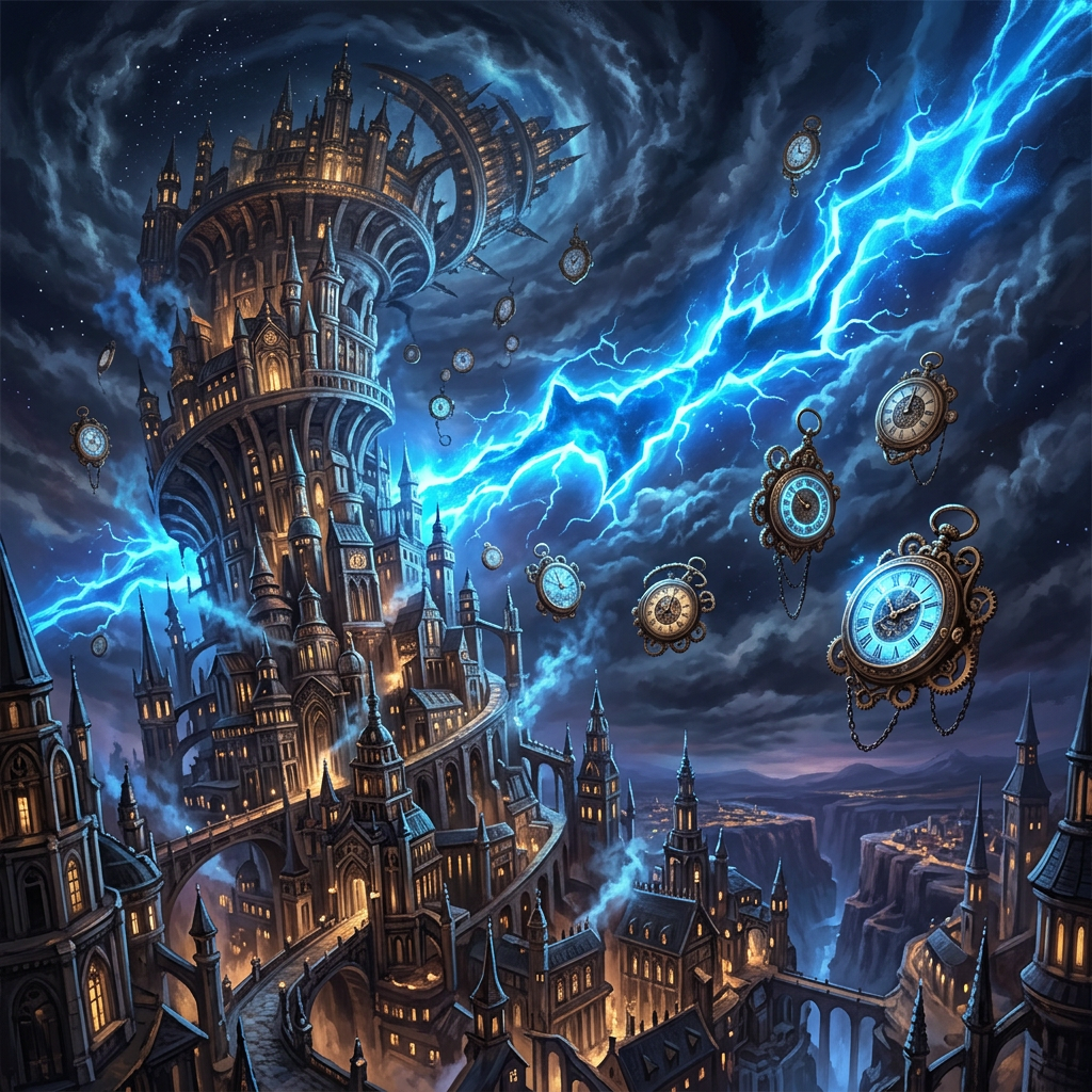 Fantasy city tower with glowing windows, floating pocket watches, and blue lightning in dark stormy sky