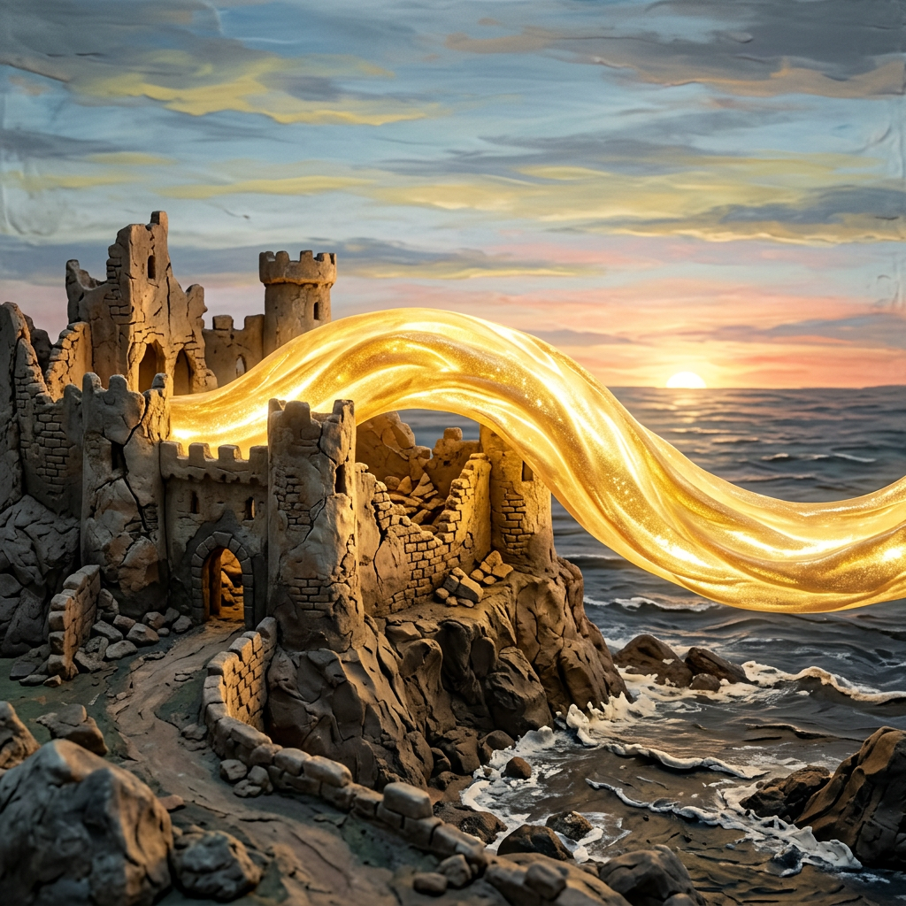 Golden glowing ribbon flowing over ancient stone castle ruins near the ocean at sunset