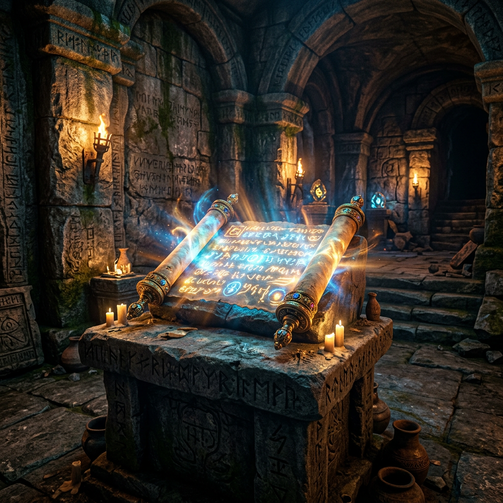 Glowing magical scroll open on stone pedestal in ancient crypt with runes and candles