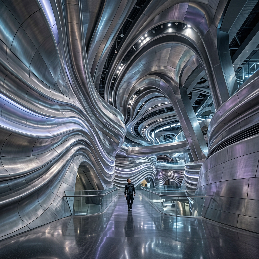Interior space with flowing metallic architectural curves and a person walking