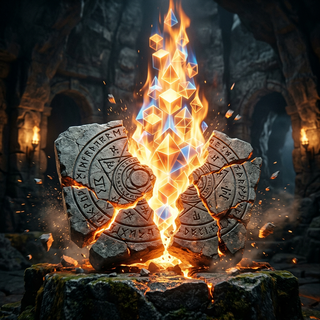 Broken stone artifact with runes emitting blue and orange magical flames