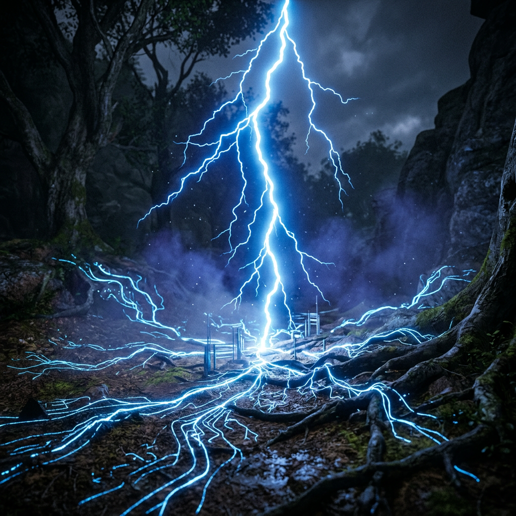 Bright blue lightning bolt striking forest ground spreading electric light along tree roots
