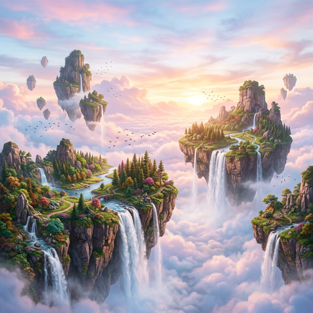 Floating rocky islands with forests and waterfalls above clouds at sunrise