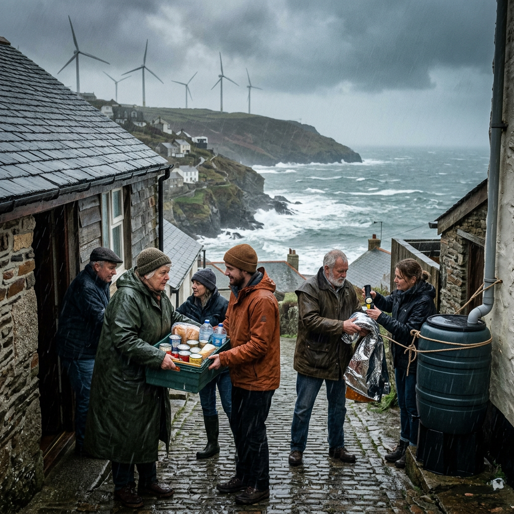 People exchanging food supplies and supplies on a rainy coastal village street