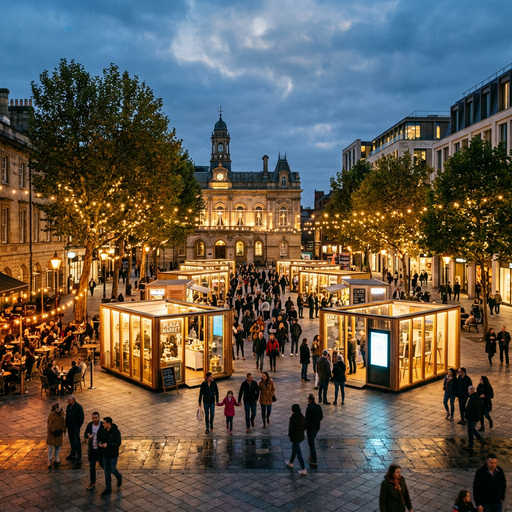 Evening outdoor market with glass stalls lit up and people walking in plaza