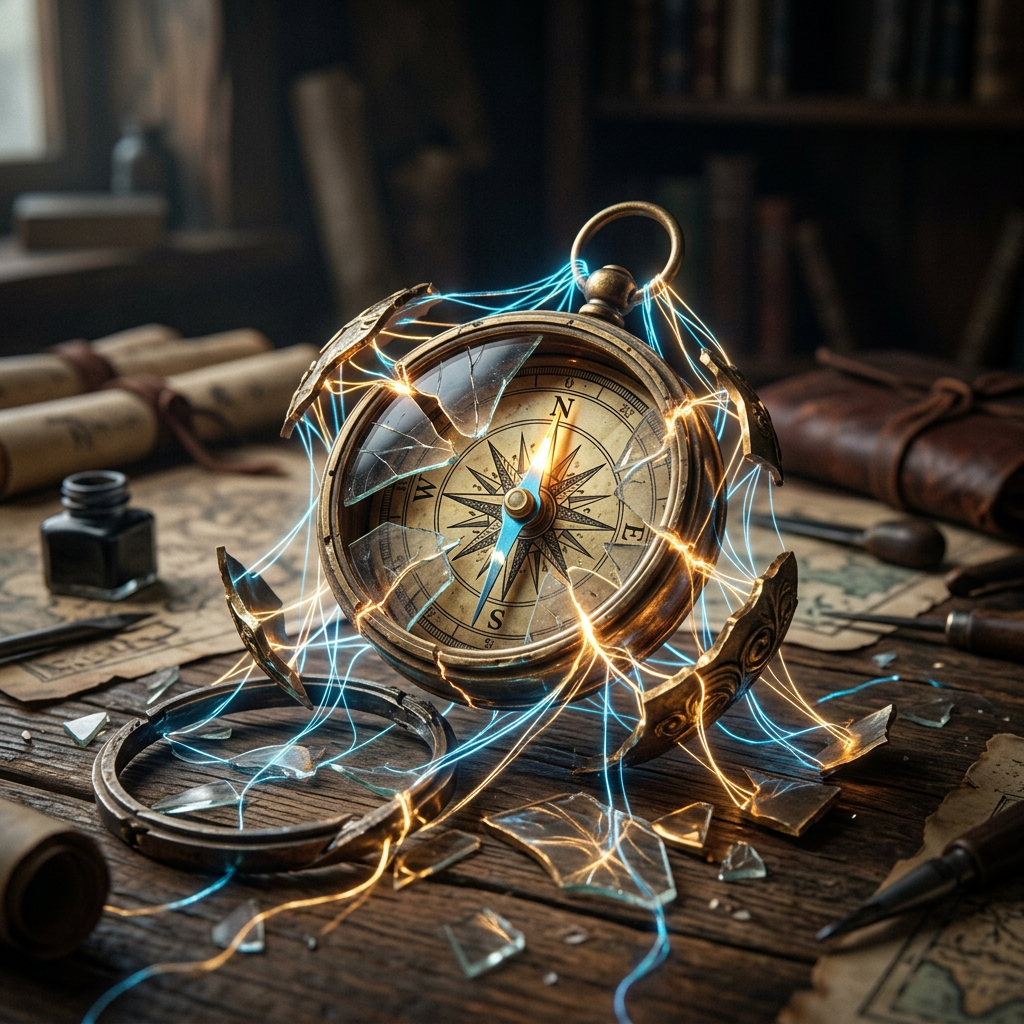 Broken antique compass with glowing magical energy lines over wooden table