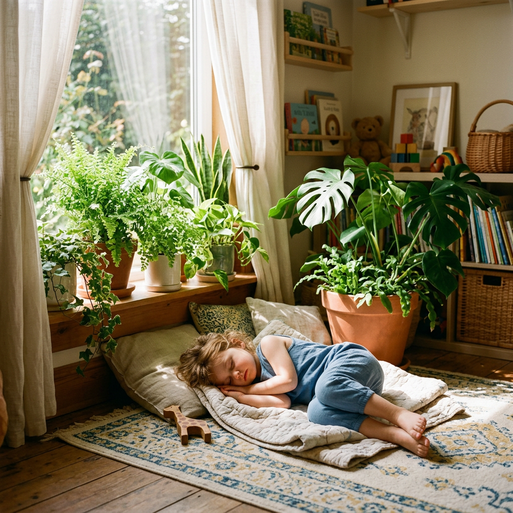 Child sleeping peacefully on cushions near window with green potted plants and cozy room decor