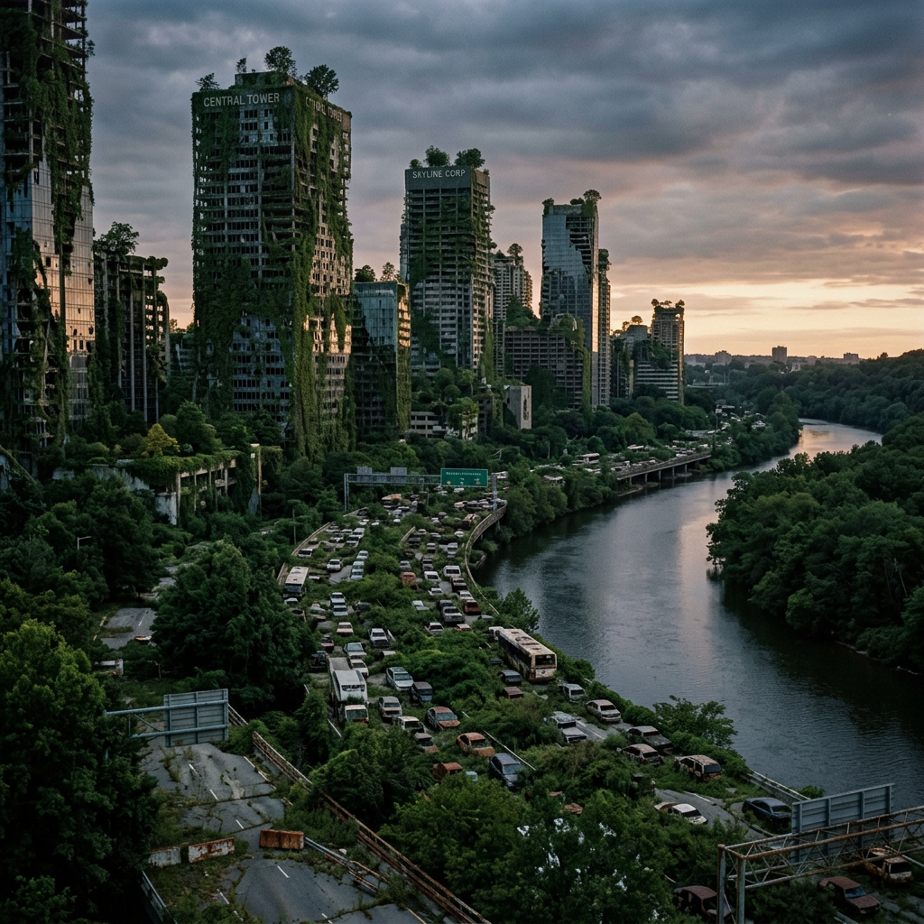 Overgrown abandoned skyscrapers and roads with vehicles along a river
