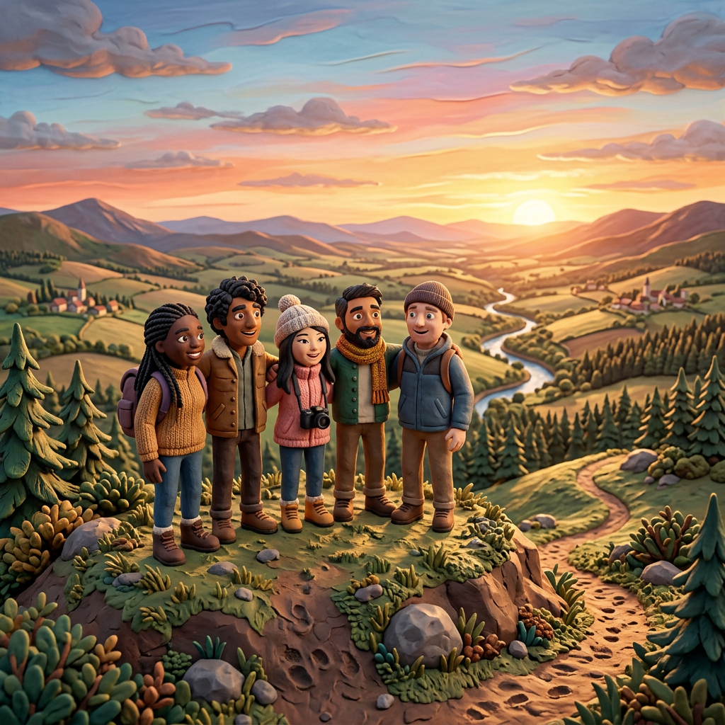 Five friends standing on a hilltop at sunset overlooking a valley with mountains, trees, and a river