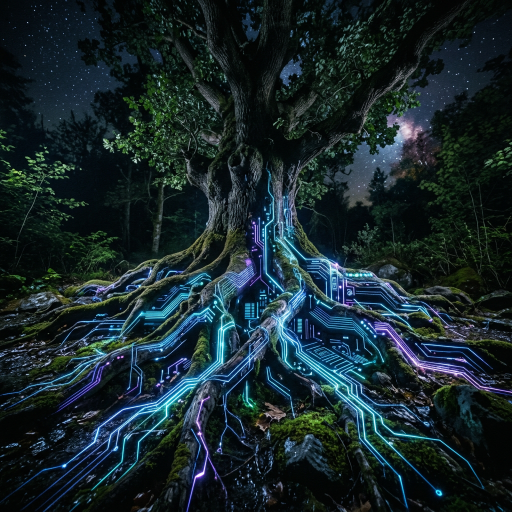 Large tree with glowing blue and purple circuit-like patterns on its roots at night