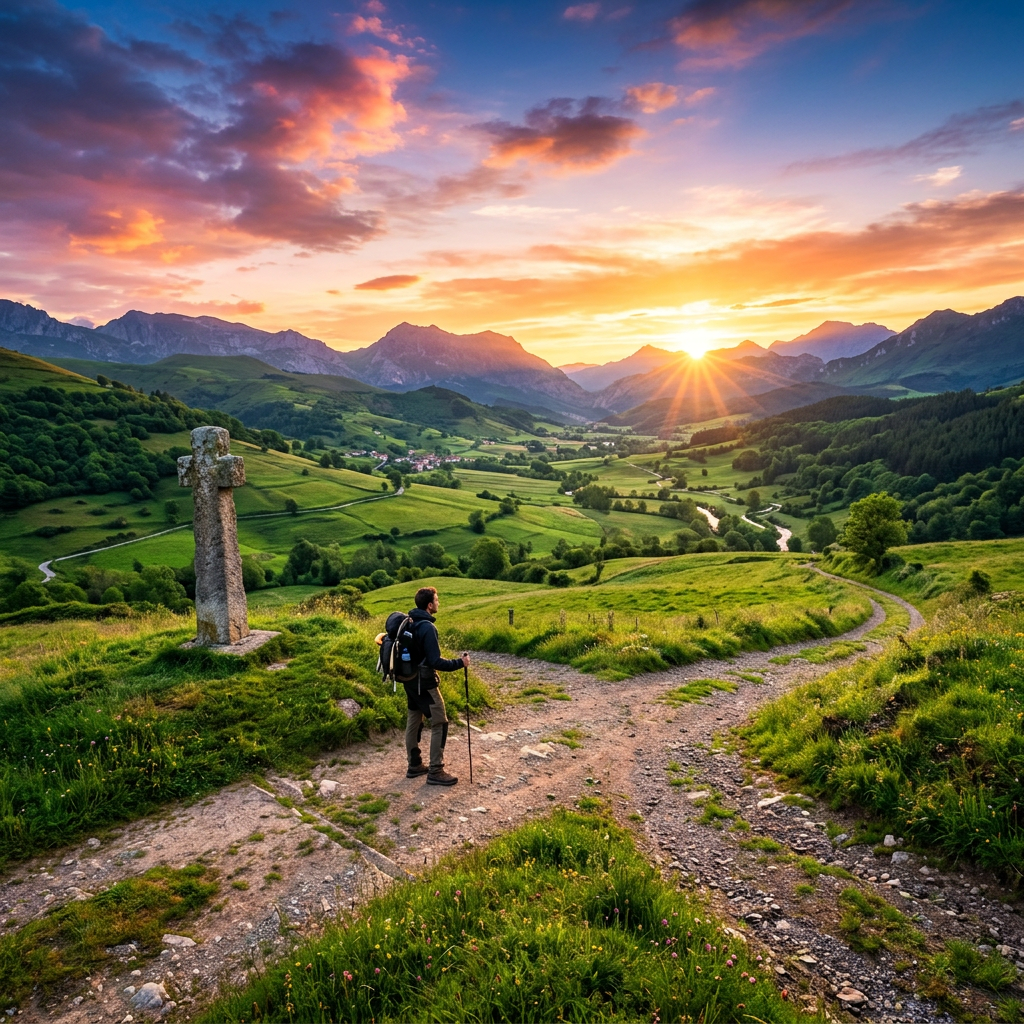 Hiker with backpack and walking stick at a fork in a green valley trail with mountains and sunset
