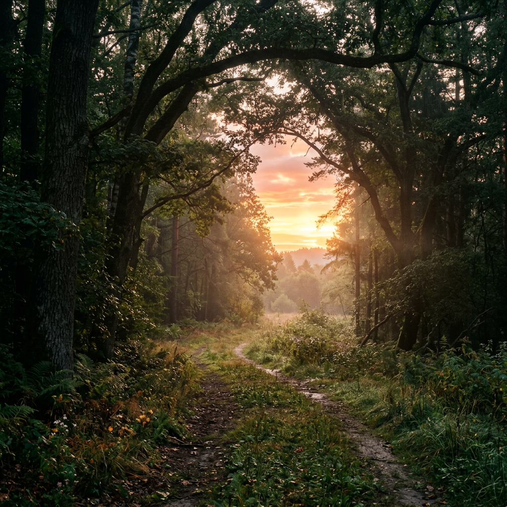 Forest path with trees arching overhead and sun setting in the background