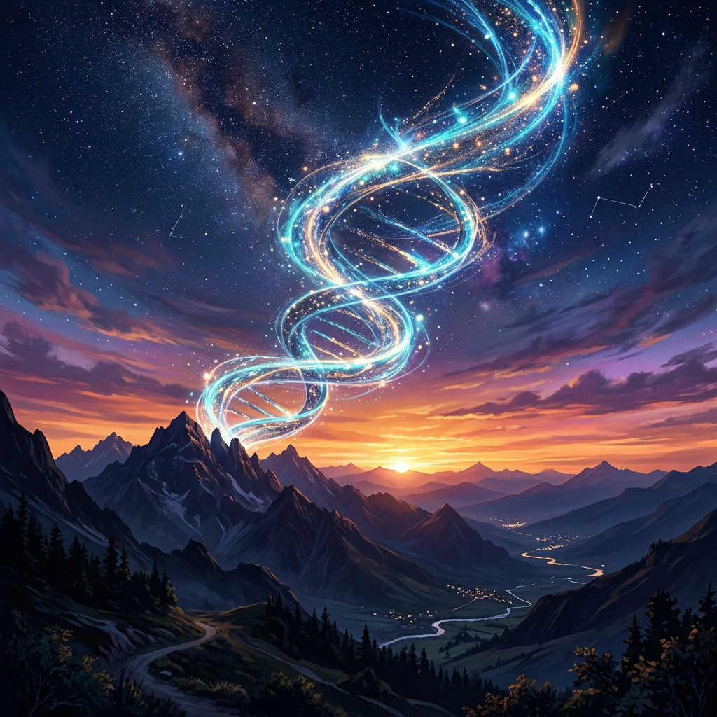 Glowing DNA double helix of stars twisting above mountains during sunset