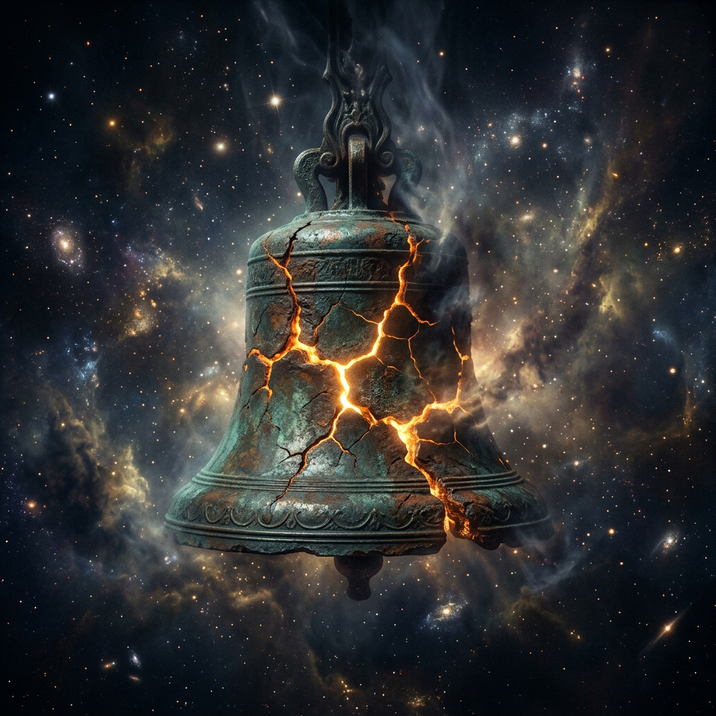 Large cracked bell with glowing molten cracks floating in outer space with stars and nebula.