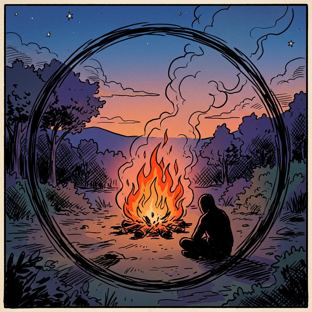 Person sitting by campfire in forest clearing at dusk
